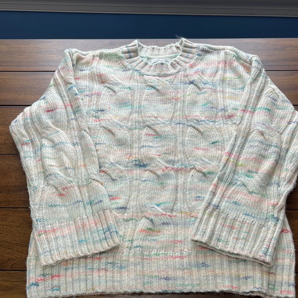 American Eagle Outfitters Cream Cable Crewneck with Pastel Speckles